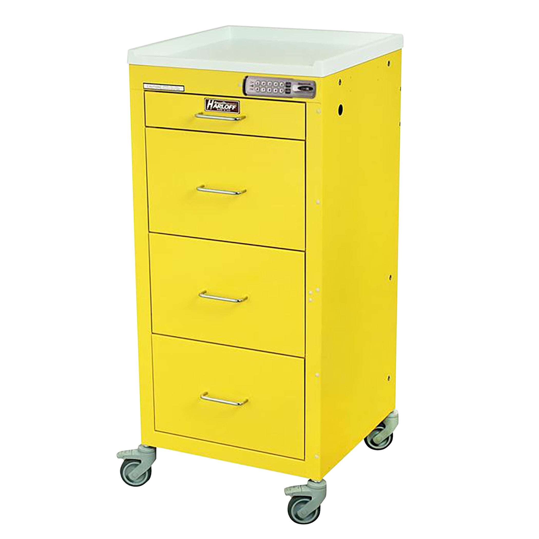 Yellow Harloff Mini-Line 4-Drawer Isolation Cart with keypad lock, four drawers, and swivel casters.