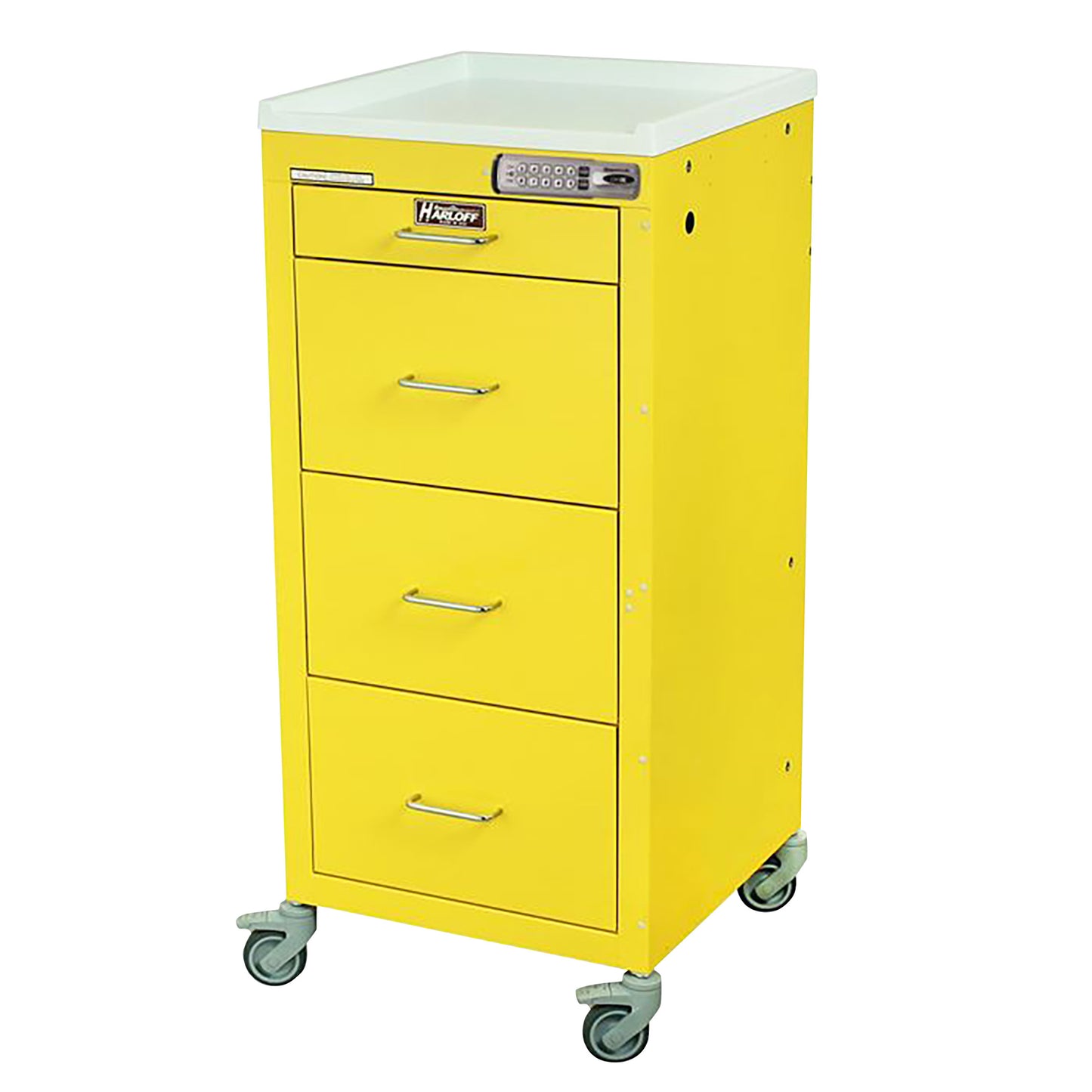 Yellow Harloff Mini-Line 4-Drawer Isolation Cart with keypad lock, four drawers, and swivel casters.