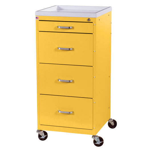 AliMed Quick Ship Mini Series 4-Drawer Isolation Cart with Key Lock has a yellow body, four drawers, and wheels for mobility.