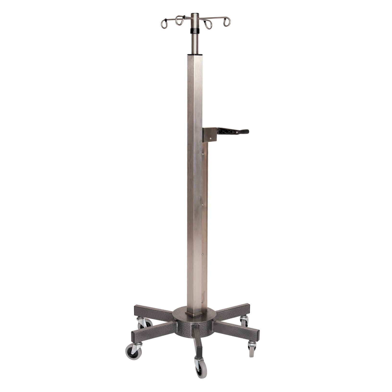 Lift Assist IV Pole with a rectangular metal base, four hooks on top, and five rolling casters for easy maneuverability.