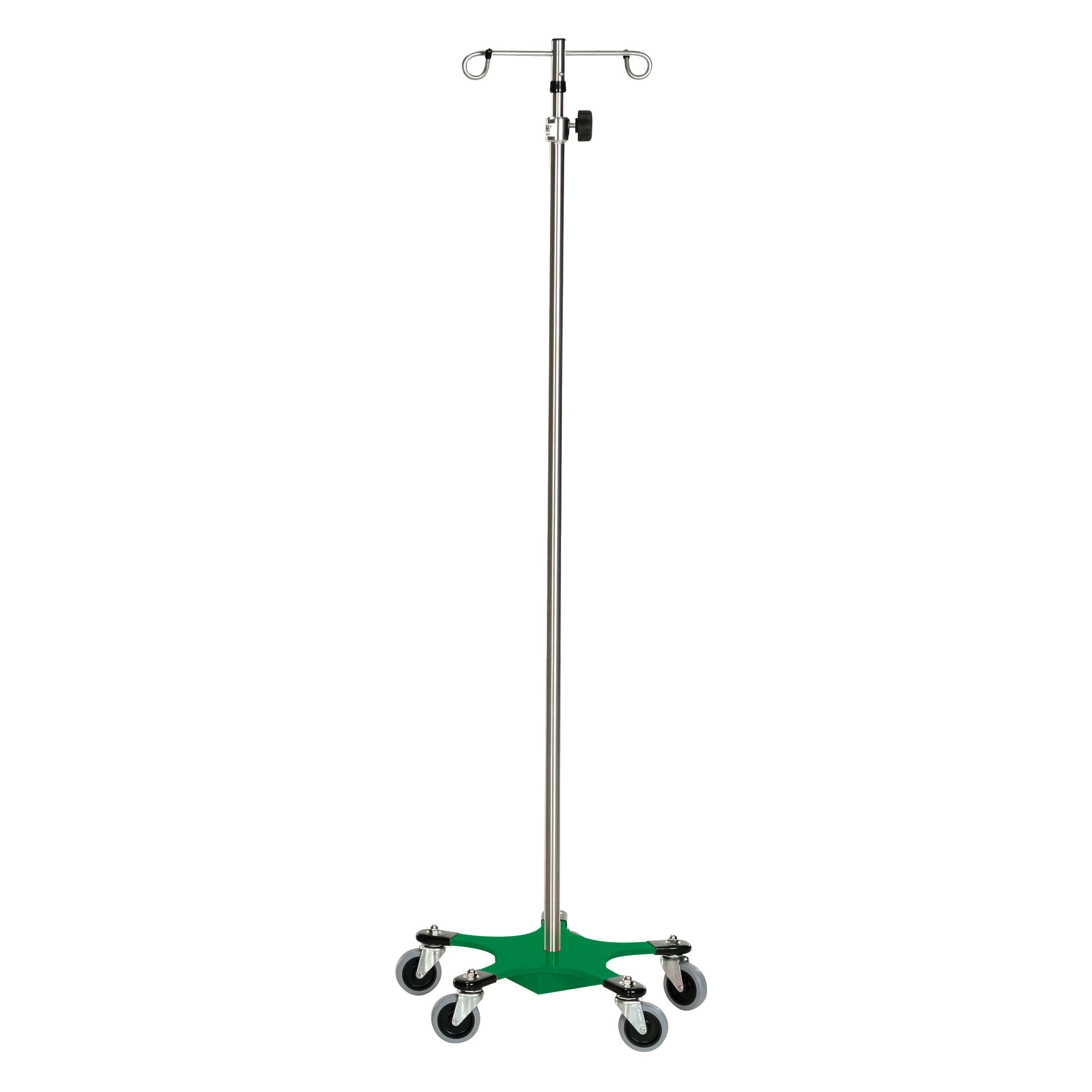 A Five-Leg Color-Coded Space-Saving IV Pole with a green base and wheels. It has multiple hooks at the top for IV bags.