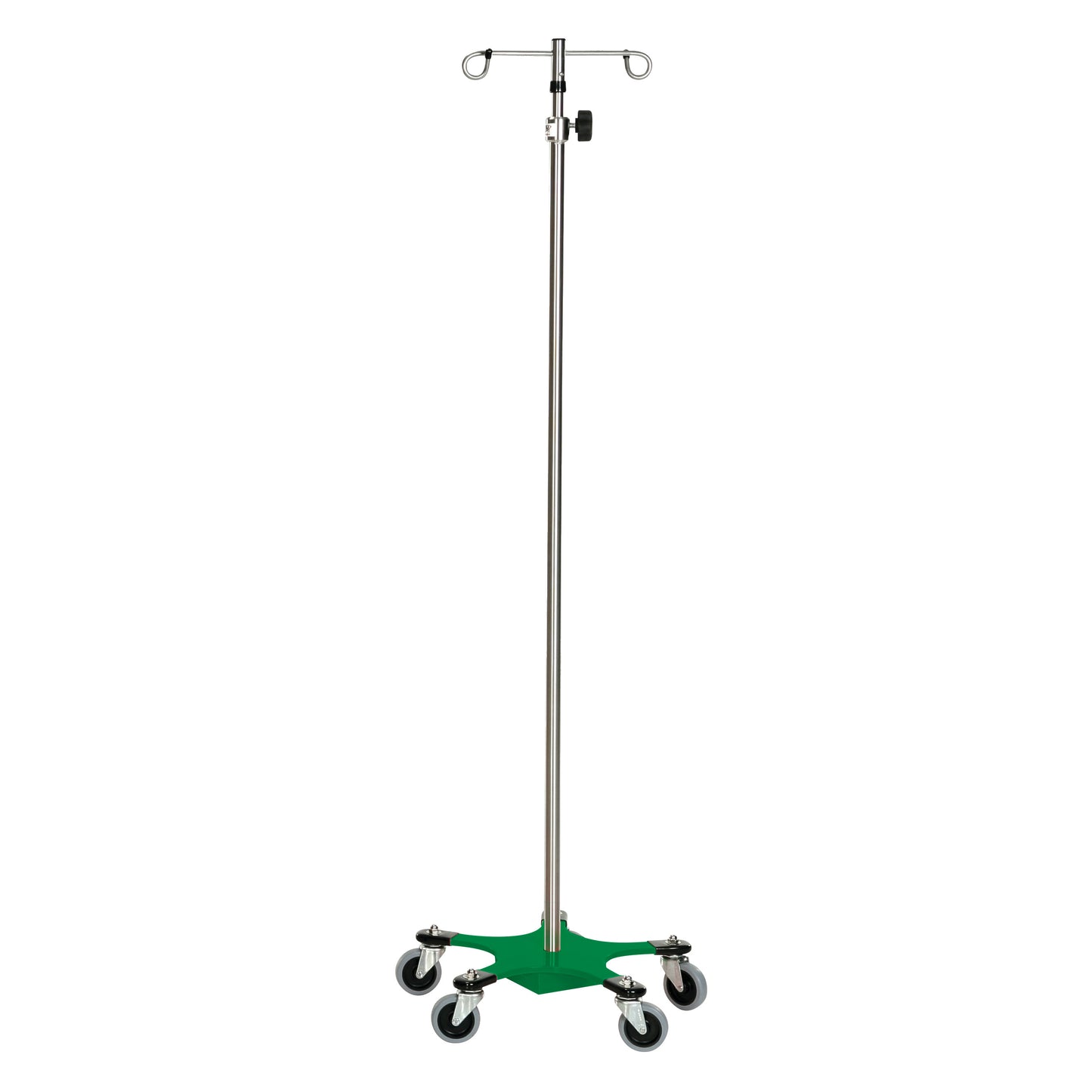 A Five-Leg Color-Coded Space-Saving IV Pole with a green base and wheels. It has multiple hooks at the top for IV bags.