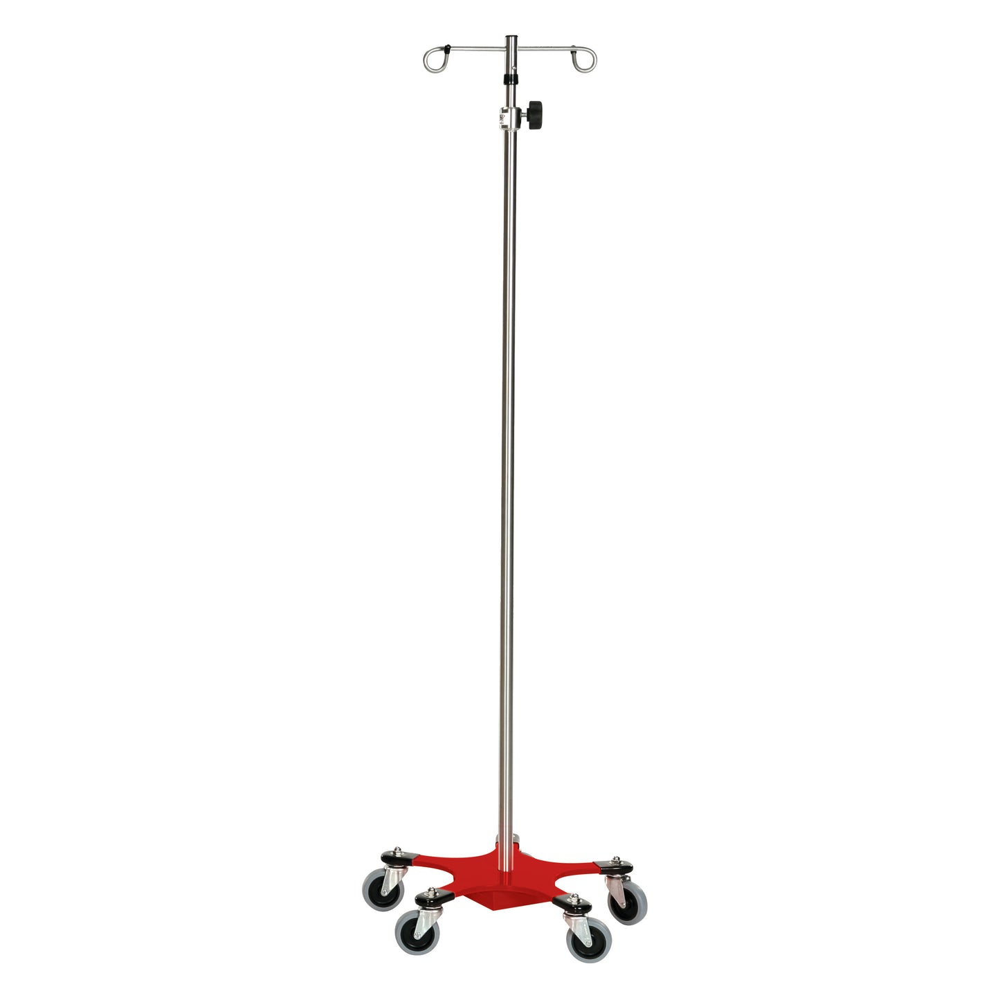 A Five-Leg Color-Coded Space-Saving IV Pole with a red base and wheels, featuring a stainless steel rod and dual hooks.