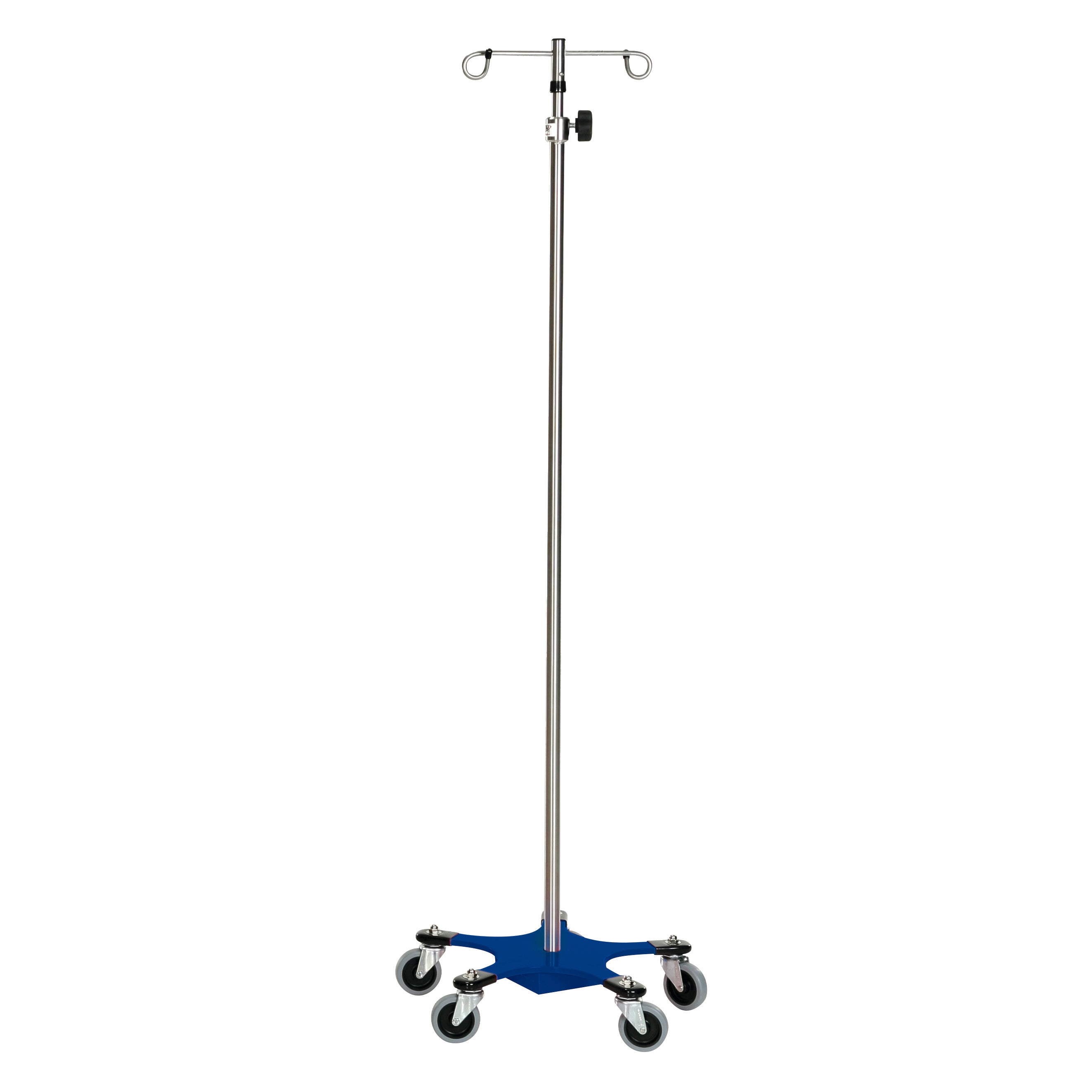 A Five-Leg Color-Coded Space-Saving IV Pole with hooks, featuring a blue base and casters for mobility.