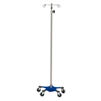A Five-Leg Color-Coded Space-Saving IV Pole with hooks, featuring a blue base and casters for mobility.