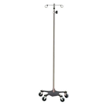 Medical-grade Five-Leg Color-Coded Space-Saving IV Pole with adjustable height and four hooks on caster wheels for mobility.
