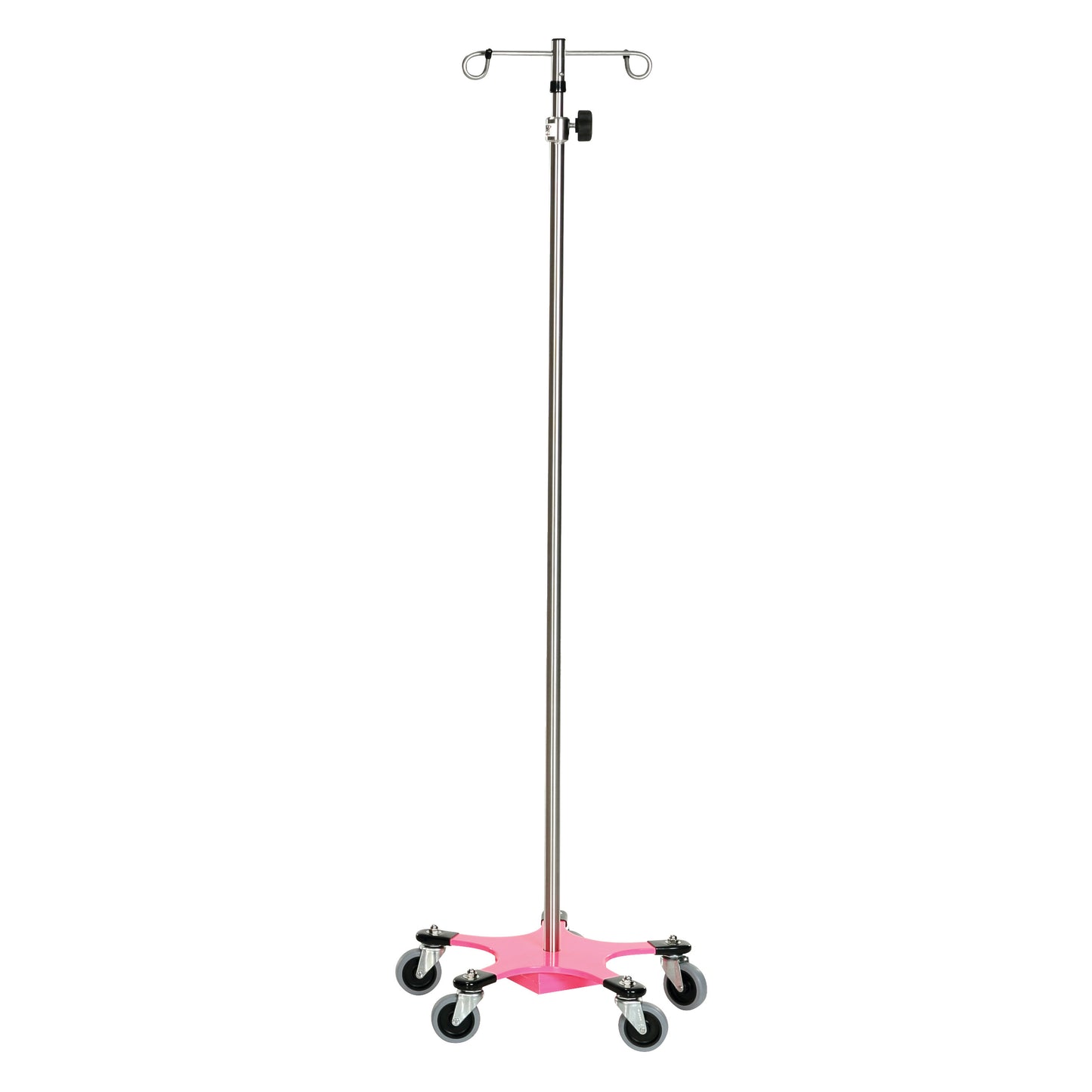 Five-Leg Color-Coded Space-Saving IV Pole with a silver finish, featuring a pink base and wheels, designed for mobility and support.