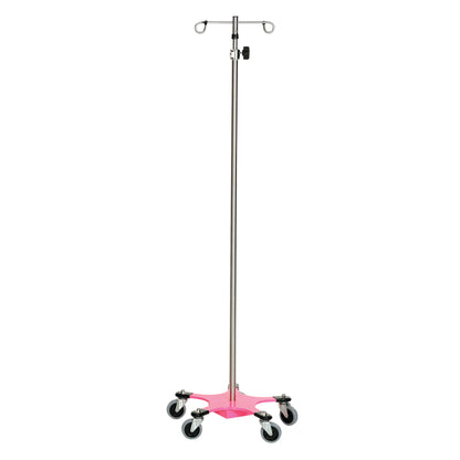 Five-Leg Color-Coded Space-Saving IV Pole with a silver finish, featuring a pink base and wheels, designed for mobility and support.