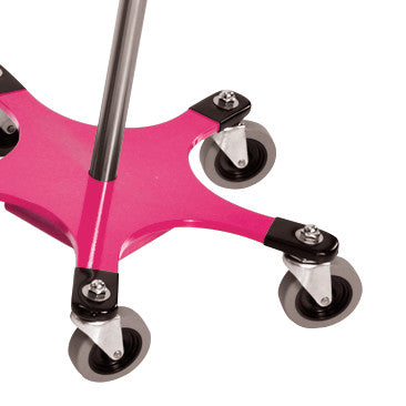 The Five-Leg Color-Coded Space-Saving IV Pole features a pink base with five caster wheels for mobility on a metal pole.