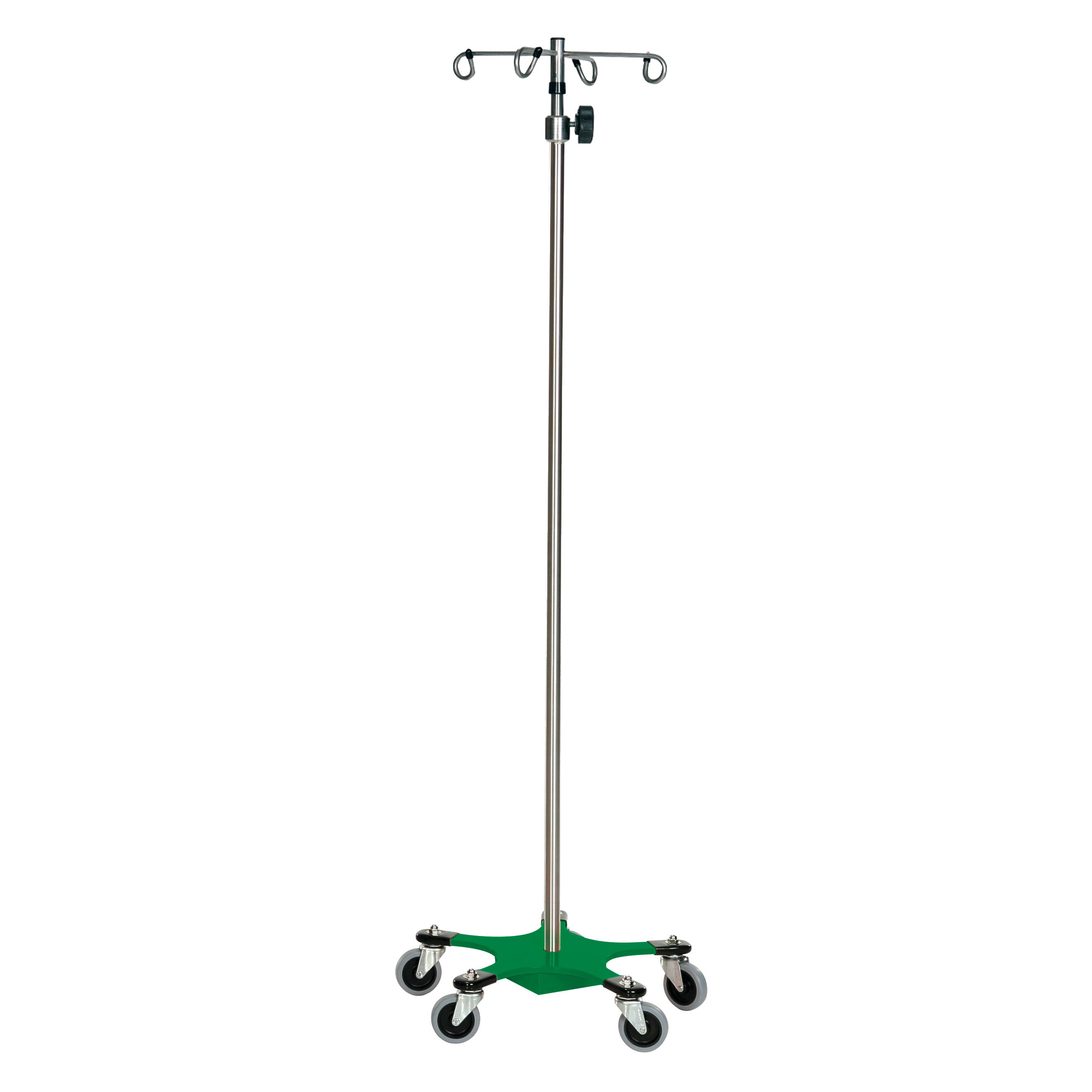 The Five-Leg Color-Coded Space-Saving IV Pole has a green base, four hooks, and wheels for easy maneuverability.