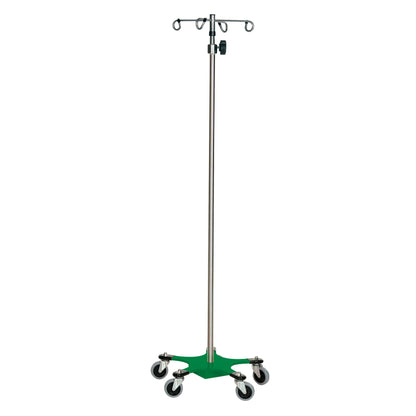 The Five-Leg Color-Coded Space-Saving IV Pole has a green base, four hooks, and wheels for easy maneuverability.