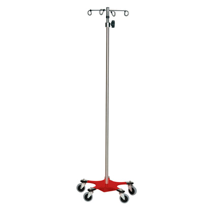 The Five-Leg Color-Coded Space-Saving IV Pole features a red base, stainless steel shaft, hooks, and wheels for mobility.