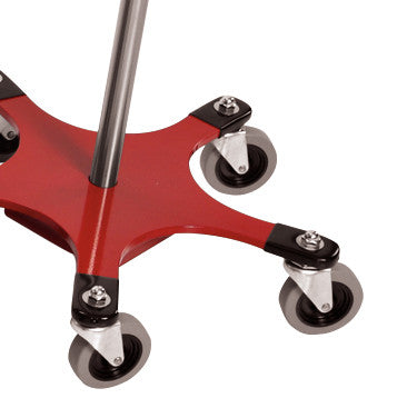 The Five-Leg Color-Coded Space-Saving IV Pole features a red base with five swiveling casters for easy mobility.