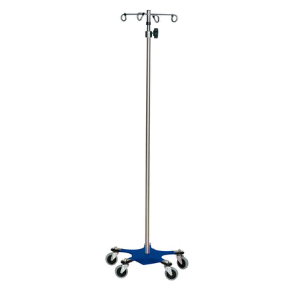 A Five-Leg Color-Coded Space-Saving IV Pole with a blue base and wheels, featuring multiple hooks on top for hanging IV bags.