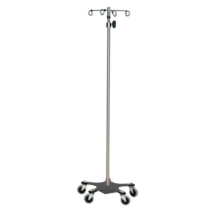The Five-Leg Color-Coded Space-Saving IV Pole has a metal frame with five wheels and four hooks at the top for hanging IV bags.