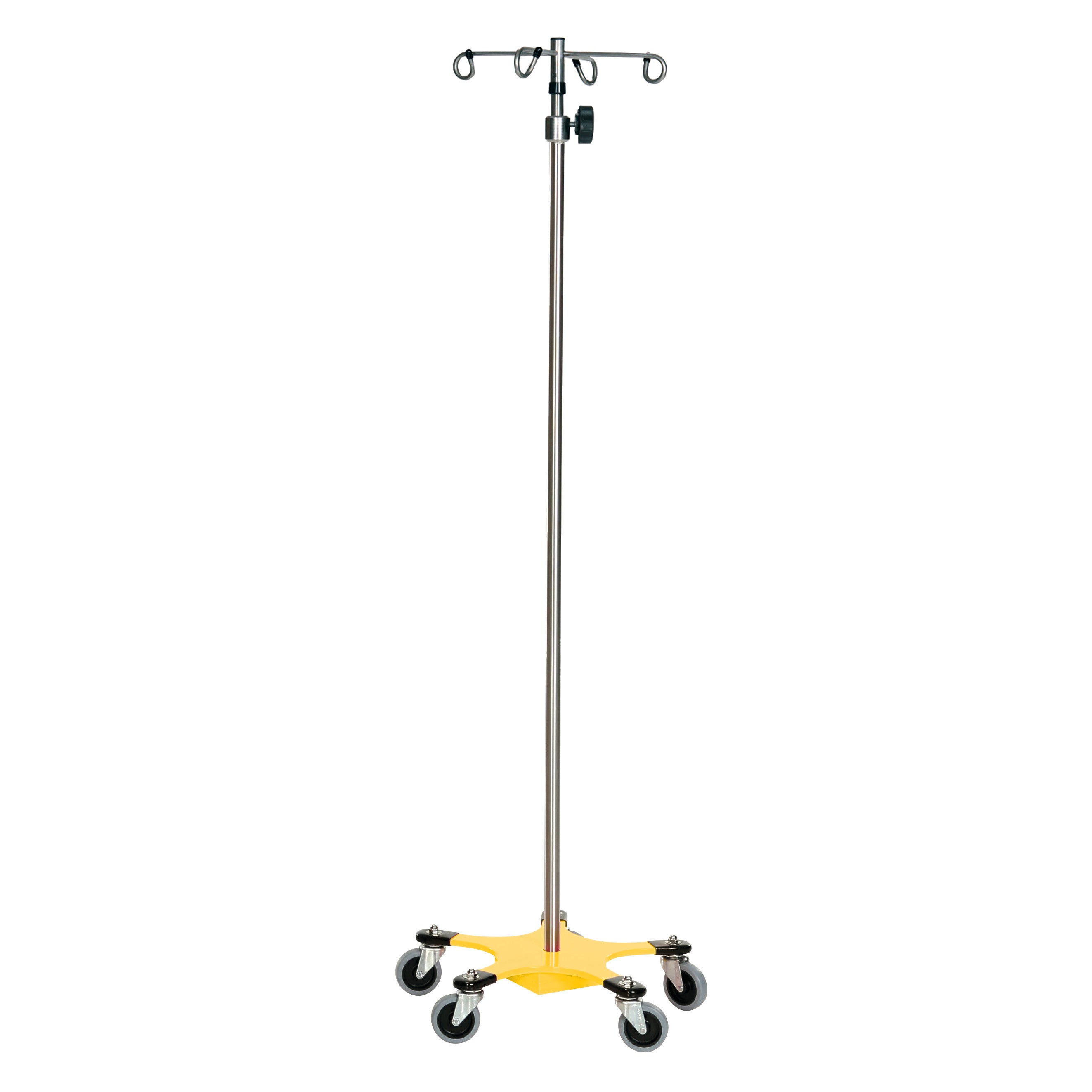 A Five-Leg Color-Coded Space-Saving IV Pole with a stainless steel adjustable pole, yellow base, and five caster wheels.