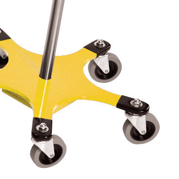 Yellow base with four black casters of the Five-Leg Color-Coded Space-Saving IV Pole, featuring a silver vertical pole.