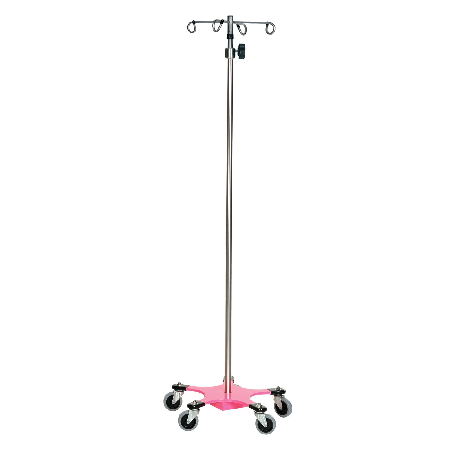A Five-Leg Color-Coded Space-Saving IV Pole with a pink base and four hooks, featuring five caster wheels for mobility.