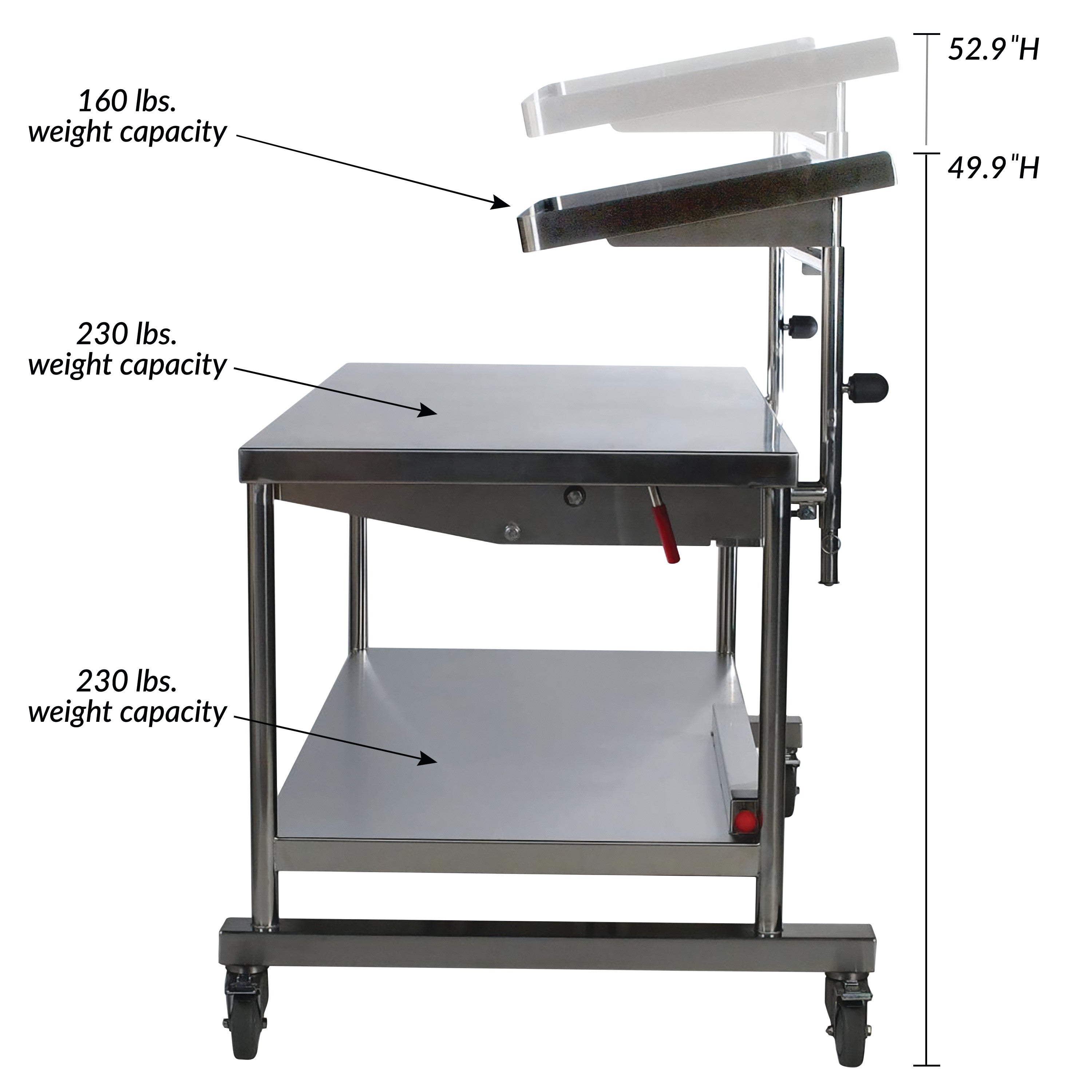 Stainless steel Pedigo Space Station with adjustable top (160 lbs capacity), two shelves (230 lbs each), and height 49.9"-52.9".