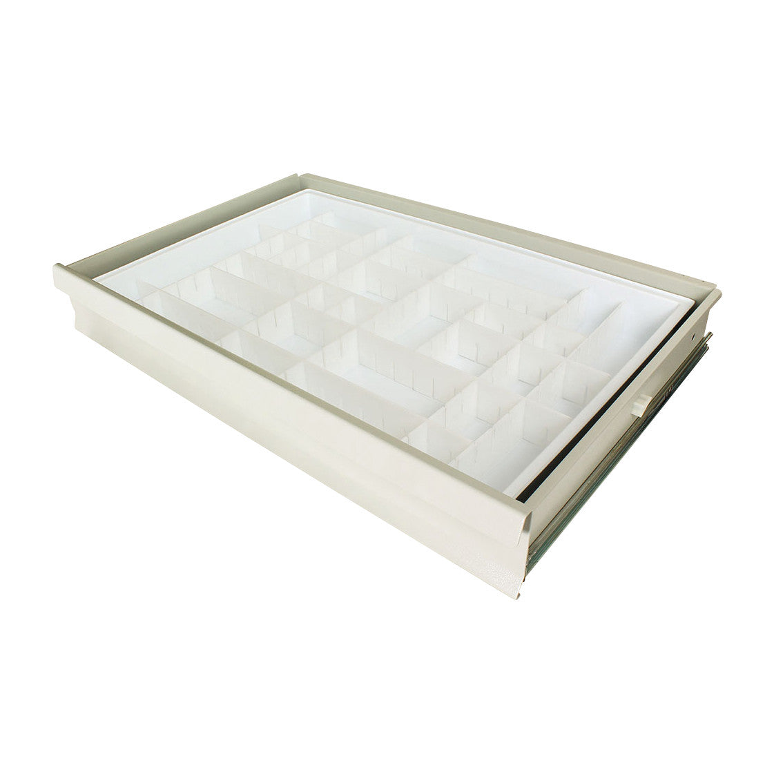 The Harloff Medical Cart Accessory: Drawer Divider Insert Pack, featuring a beige frame with multiple small compartments.