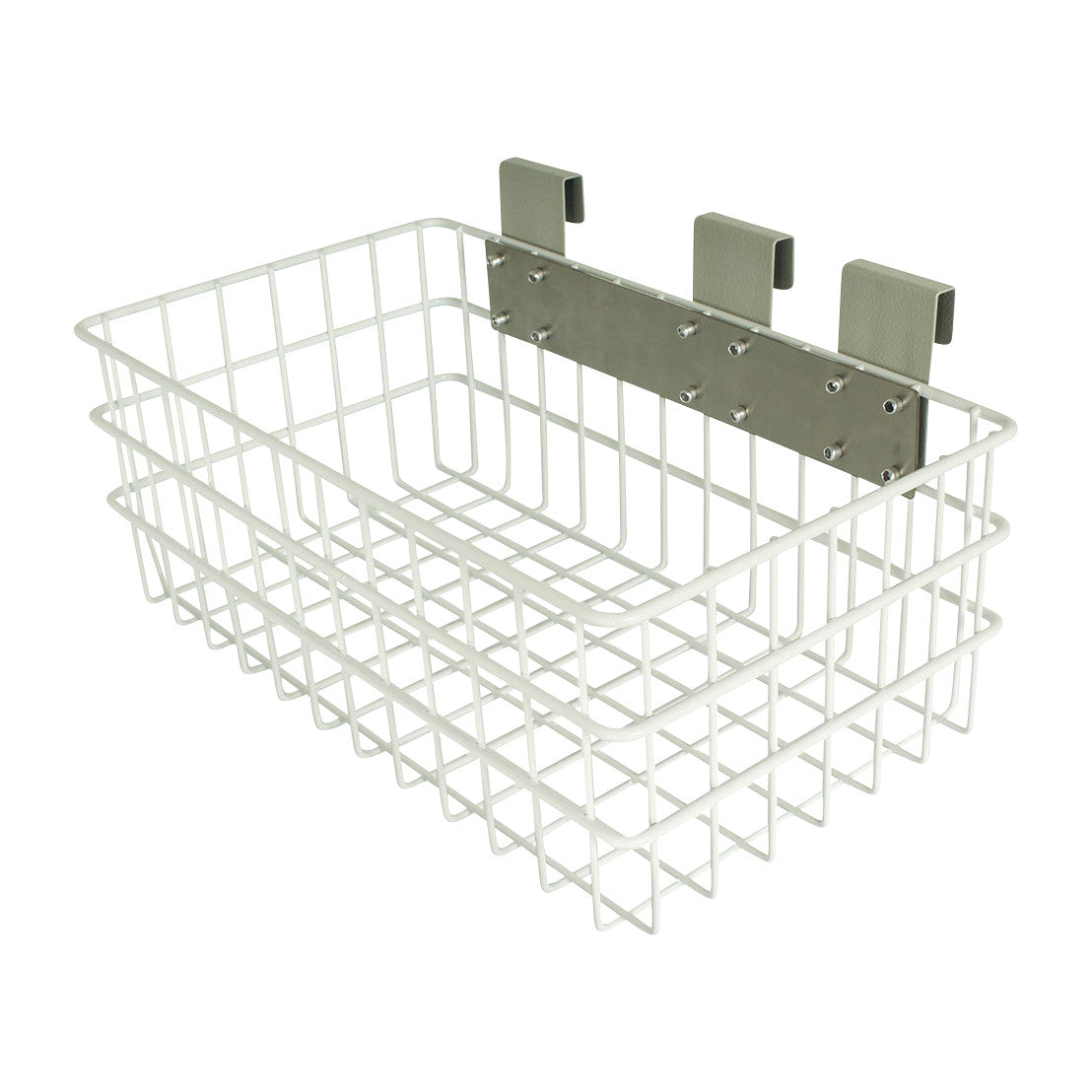White wire Harloff Medical Cart Accessory: Utility Basket with three metal hooks for attachment.