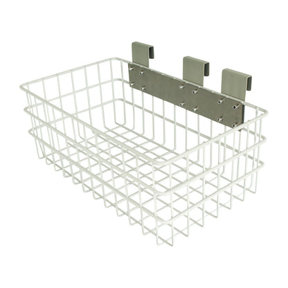 White wire Harloff Medical Cart Accessory: Utility Basket with three metal hooks for attachment.