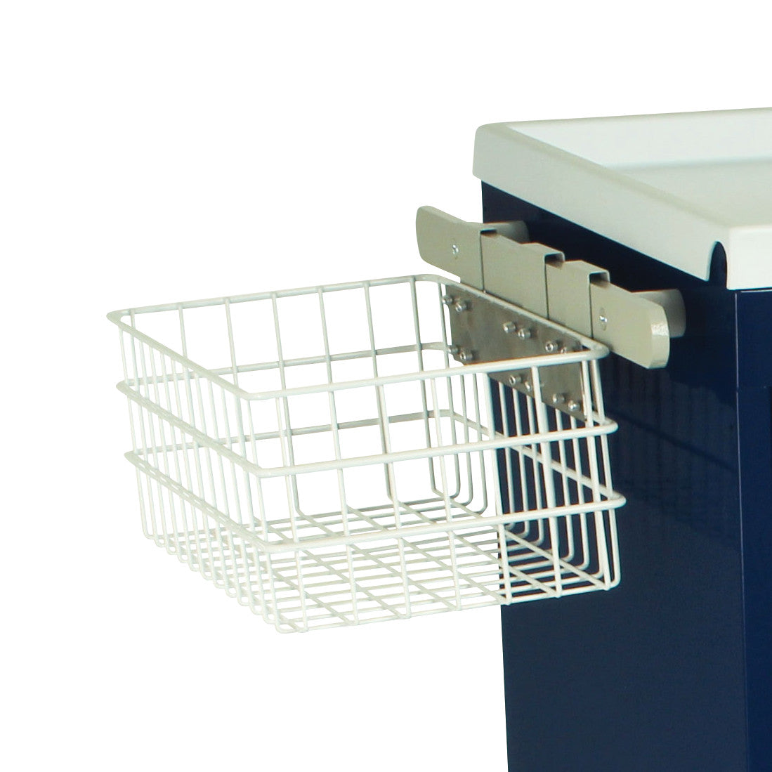 A white wire utility basket is attached to a blue medical cart, named Harloff Medical Cart Accessory: Utility Basket.