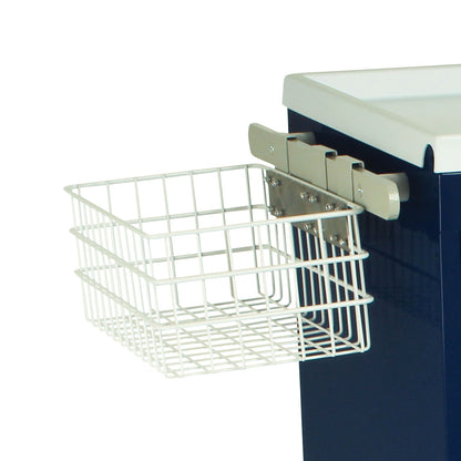 A white wire utility basket is attached to a blue medical cart, named Harloff Medical Cart Accessory: Utility Basket.