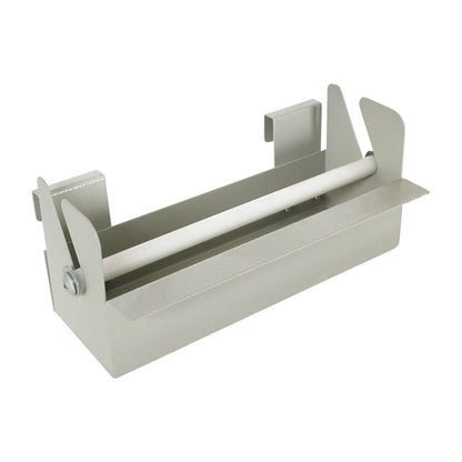Harloff Medical Cart Accessory: Tape and Label Dispenser. It is a metal holder with hooks, a rod, and a serrated edge for cutting.