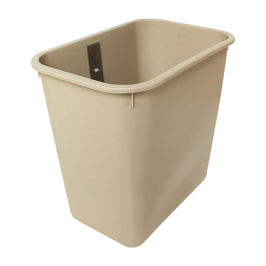 A beige rectangular Harloff Medical Cart Accessory: Plastic Waste Container with smooth edges and a metal mounting bracket inside.