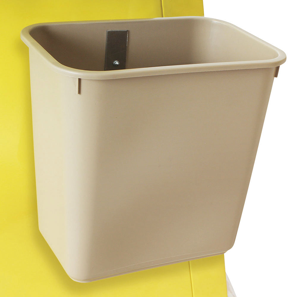 Harloff Medical Cart Accessory: Plastic Waste Container mounted on a yellow background with a metal bracket for attachment.