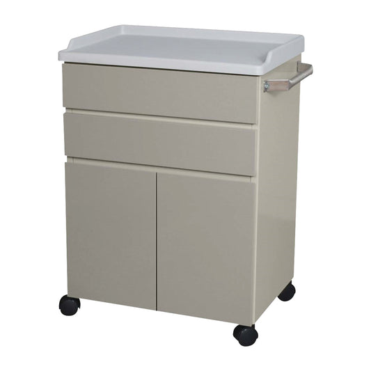 UMF Short Mobile Treatment Cabinet with two drawers, two doors, a white top, side handle, and four caster wheels.