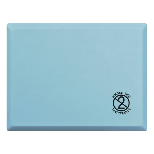 A blue 'GelPro Disposable Surgical Comfort Stool Mat' with a 'Single Use Disposable' symbol on the lower right corner.