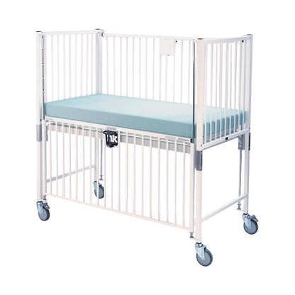 Novum Medical Standard Infant Crib with white metal rails, blue mattress, and caster wheels for mobility.
