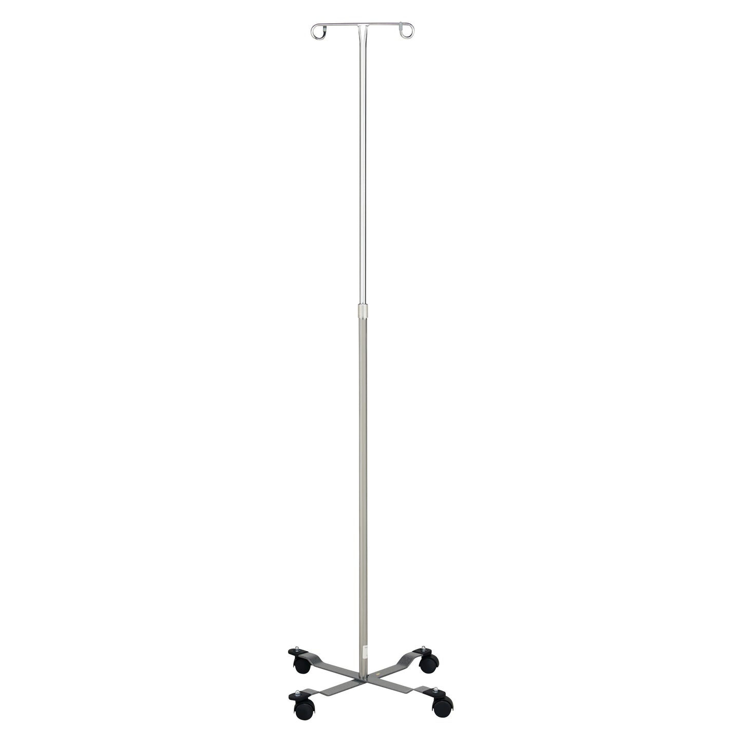 Blickman Four-Leg Chrome IV Stand with Standard Base features a tall, adjustable pole with hooks and a sturdy cross-shaped base on wheels.