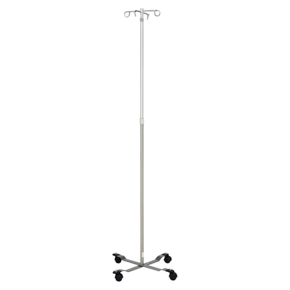 Blickman Four-Leg Chrome IV Stand with Standard Base featuring four hooks and wheels for mobility.