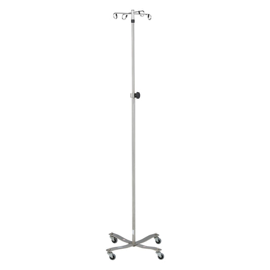 A Blickman Four-Leg Stainless Steel IV Stand with Standard Base, featuring four hooks and caster wheels for mobility.