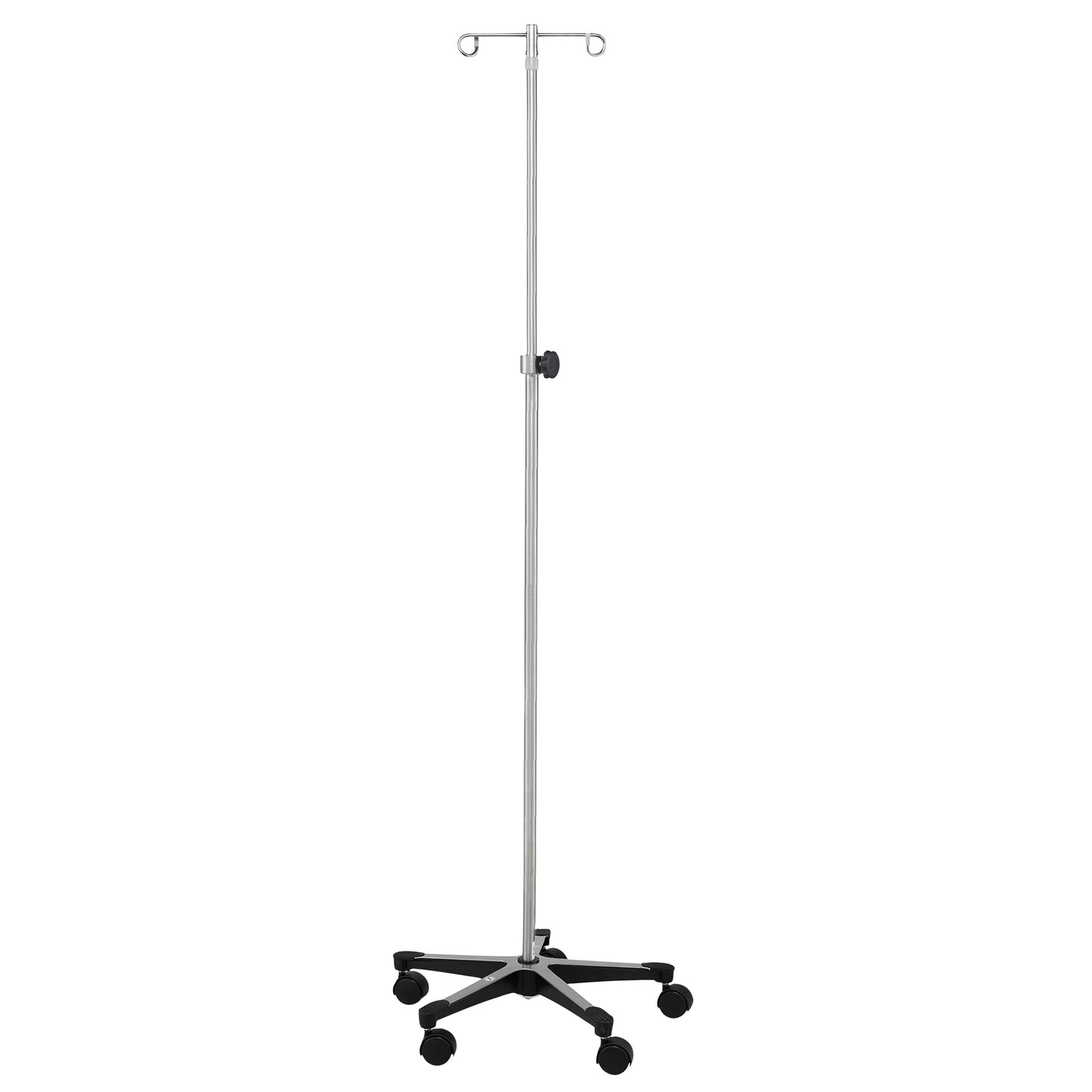 Blickman Five-Leg Chrome IV Stand features a telescopic pole with two hooks, mounted on a stable five-wheel base for mobility.
