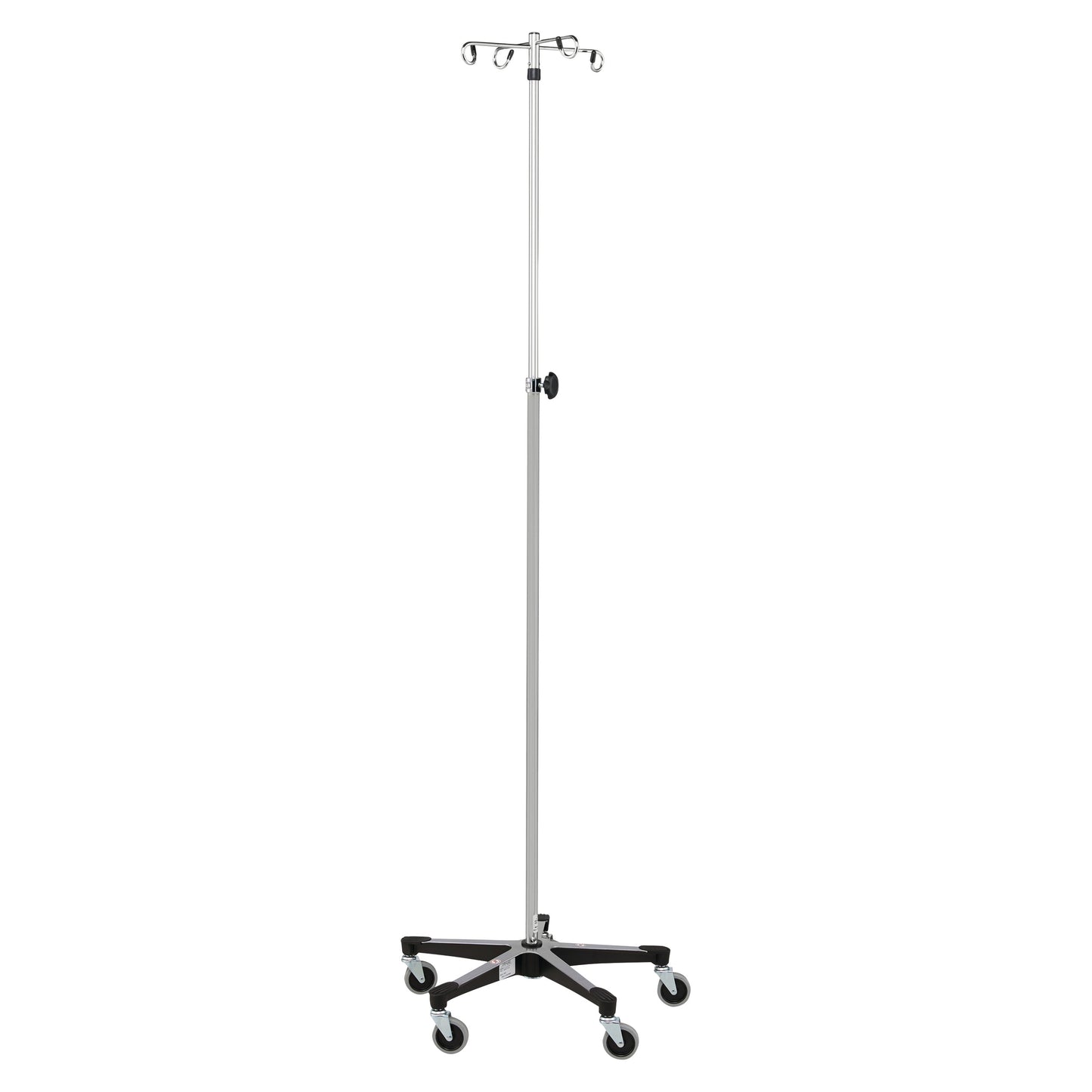 Blickman Five-Leg Chrome IV Stand with a tall pole, adjustable height, and wheeled base for hospital use.
