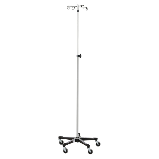 Blickman Five-Leg Chrome IV Stand with a tall pole, adjustable height, and wheeled base for hospital use.