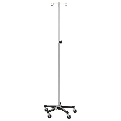 Blickman Five-Leg Stainless Steel IV Stand with Tru-Loc features a height-adjustable pole and five caster wheels for mobility.