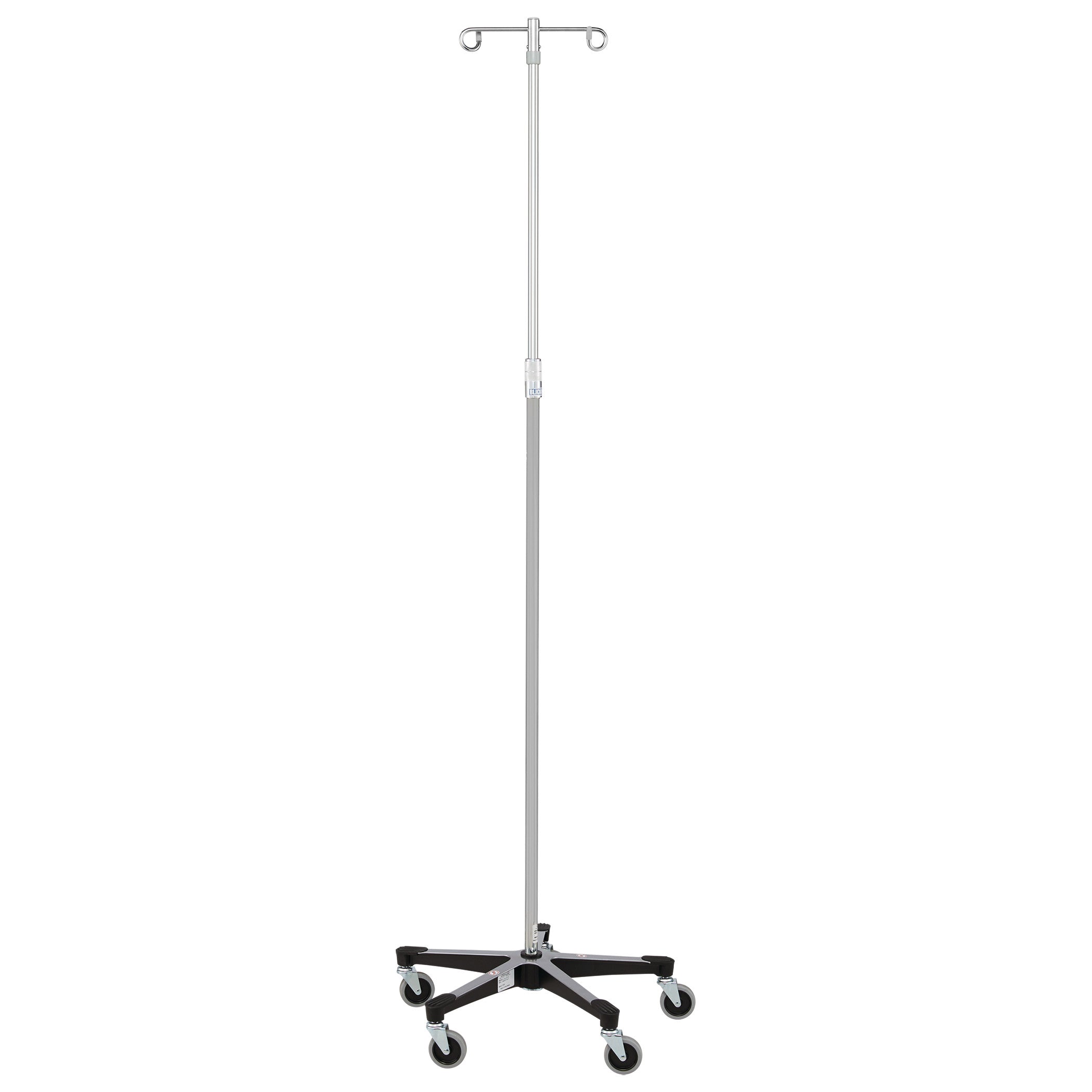 Blickman Five-Leg Stainless Steel IV Stand with Twist Lock features hooks for IV bags and wheels for mobility on its sturdy base.