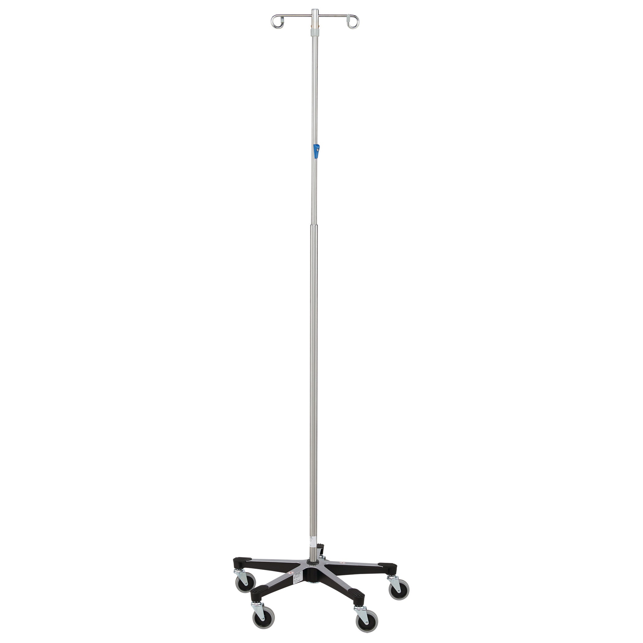 The Blickman Five-Leg Stainless Steel IV Stand with Thumb Control features a stable base with casters and two hooks at the top.