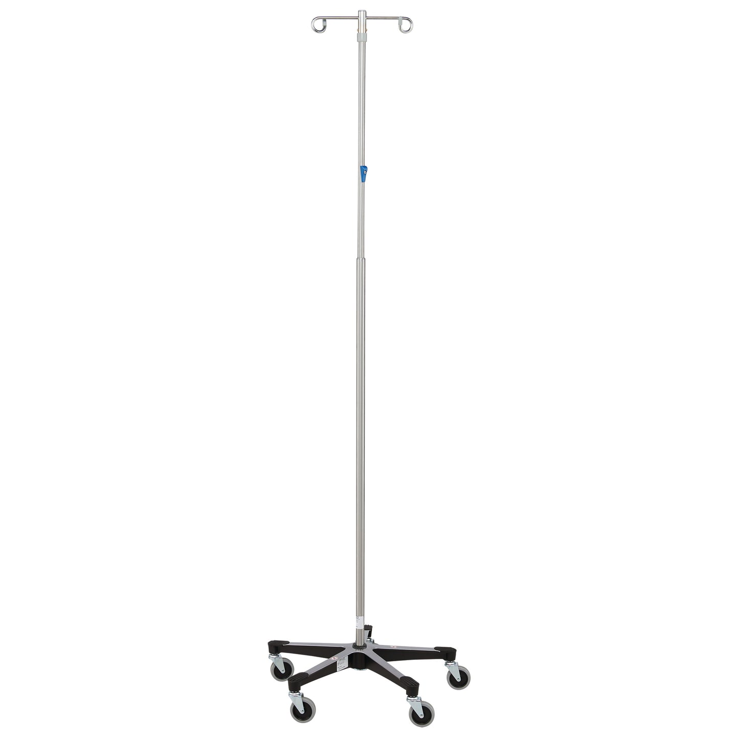 The Blickman Five-Leg Stainless Steel IV Stand with Thumb Control features a stable base with casters and two hooks at the top.