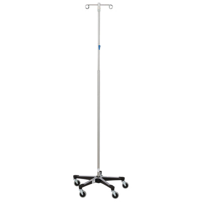 The Blickman Five-Leg Stainless Steel IV Stand with Thumb Control features a stable base with casters and two hooks at the top.
