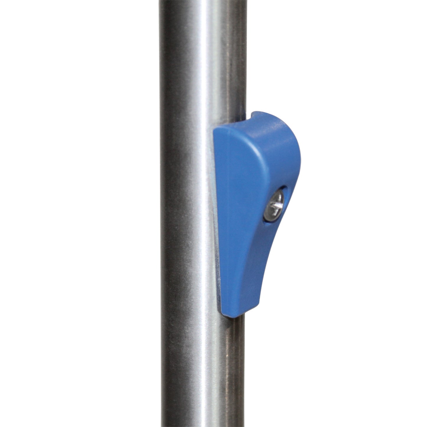 Blickman Five-Leg Stainless Steel IV Stand with Thumb Control featuring a close-up of the blue thumb control on a metal pole.