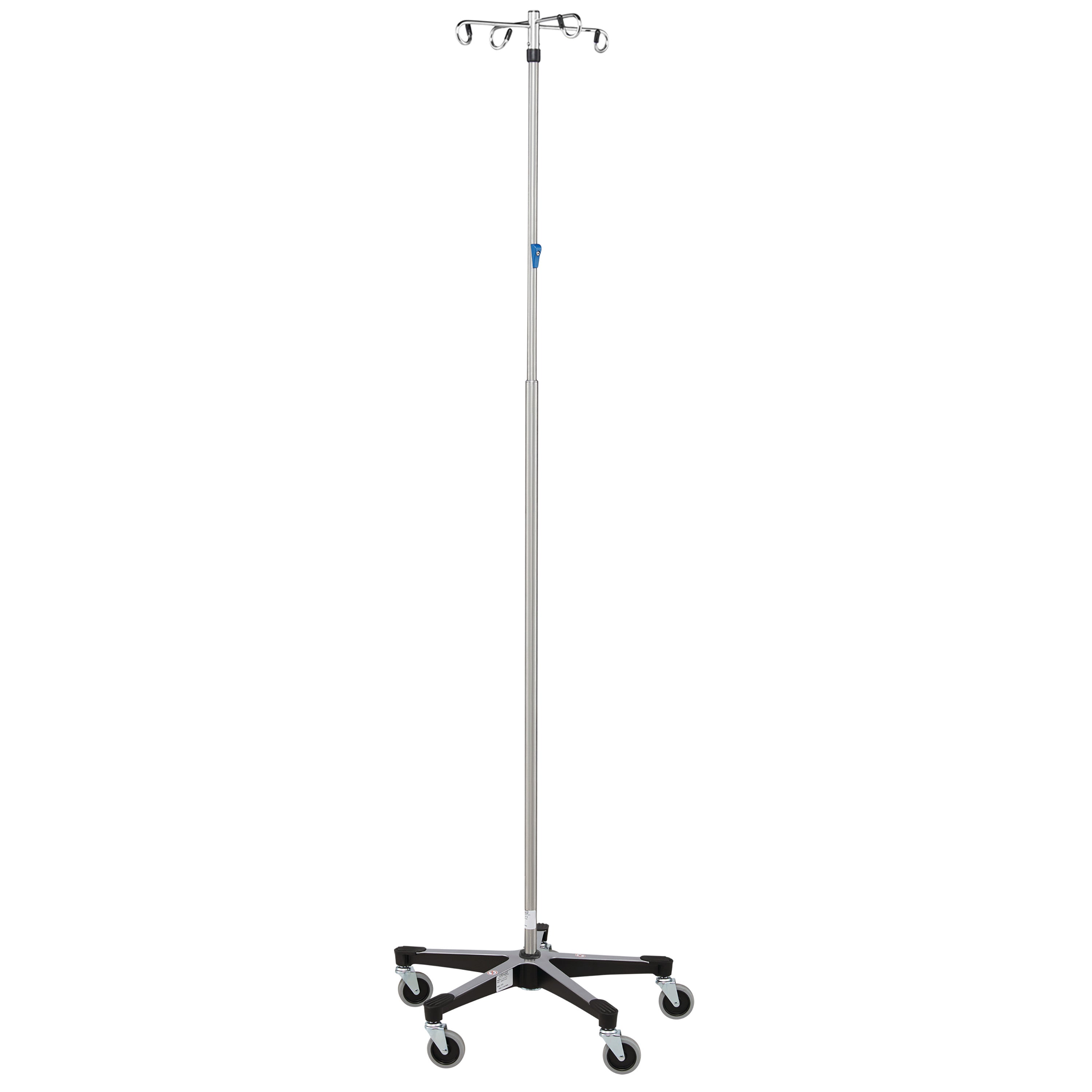 Blickman Five-Leg Stainless Steel IV Stand with Thumb Control, featuring a tall pole, adjustable hooks, and a wheeled base.