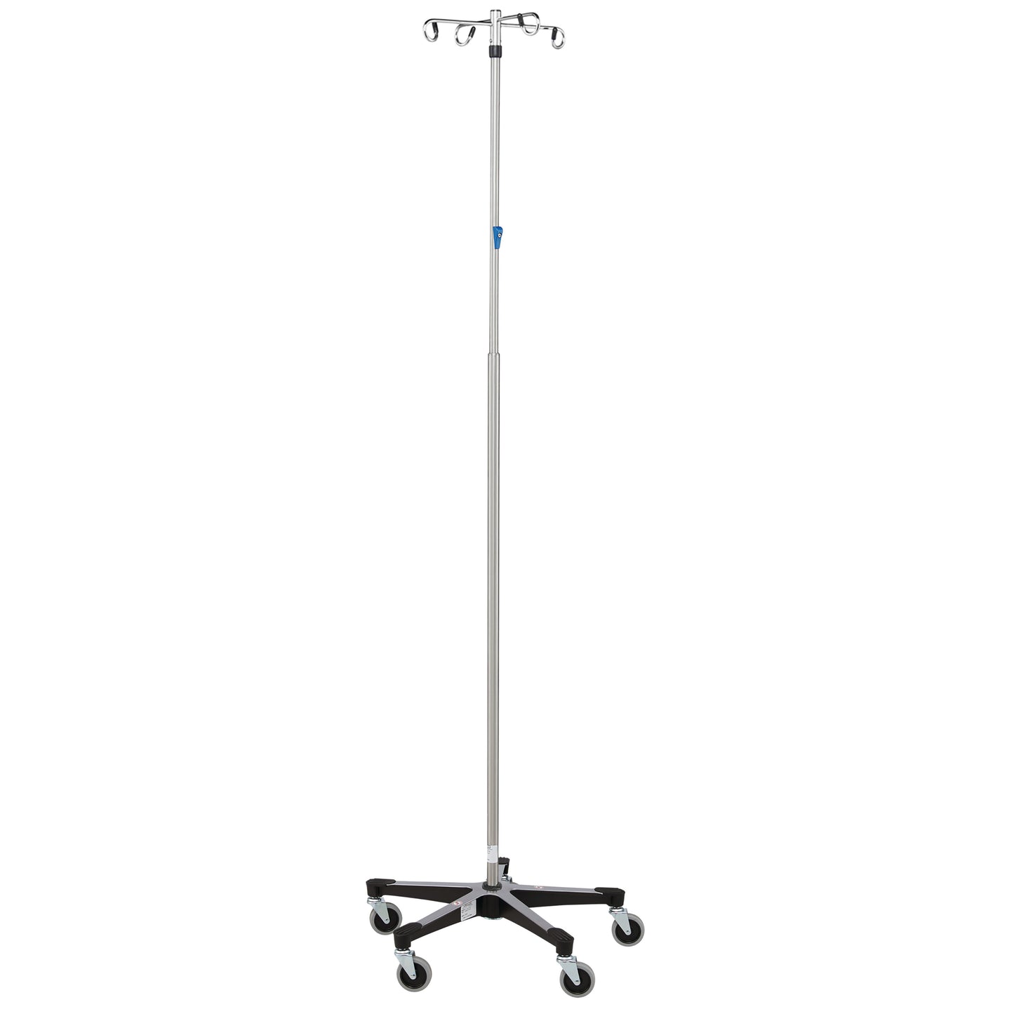 Blickman Five-Leg Stainless Steel IV Stand with Thumb Control, featuring a tall pole, adjustable hooks, and a wheeled base.