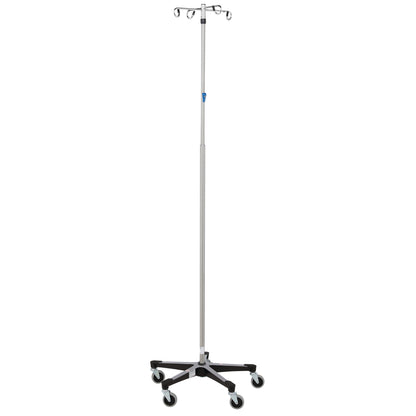 Blickman Five-Leg Stainless Steel IV Stand with Thumb Control, featuring a tall pole, adjustable hooks, and a wheeled base.