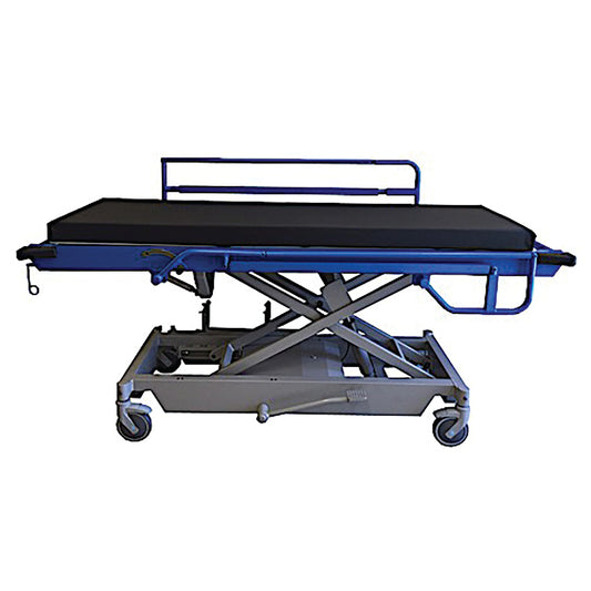 MRI Adjustable-Height Stretcher with a black mattress, blue side rails, and a wheeled, scissor-lift mechanism for mobility.